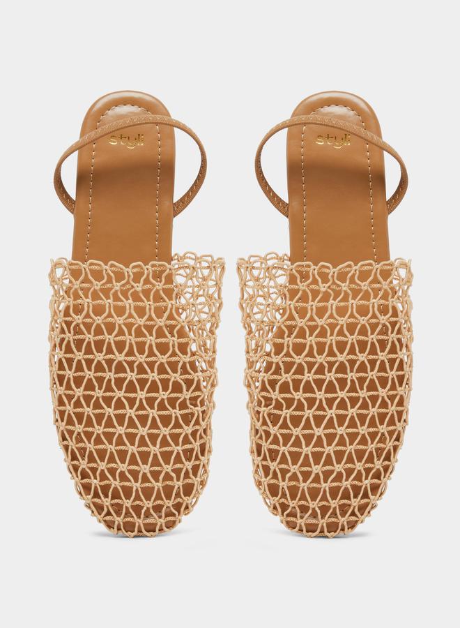 Styli Women Tan Crochet Flat Slingback Sandals - Image 4